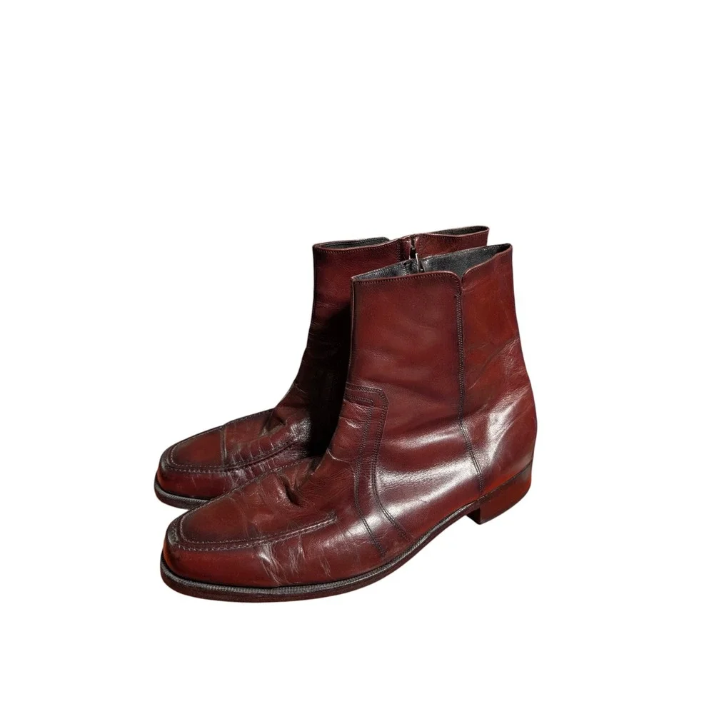 Florsheim Mens Burgundy Leather Side Zip Moc Toe Ankle Boots Vintage Style